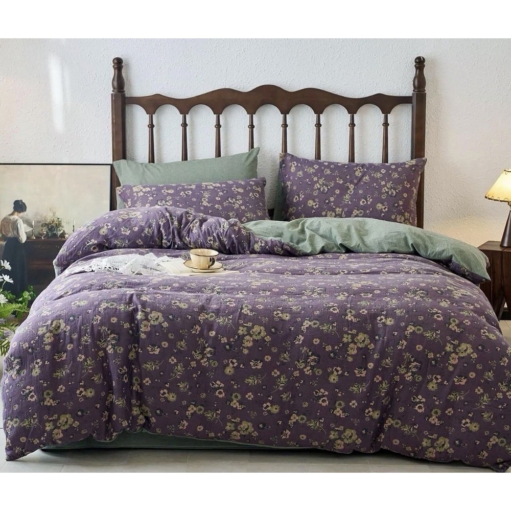 Vtg Purple Green Floral Queen Duvet Cover 100% Cotton Muslin 90x90 +2 Shams